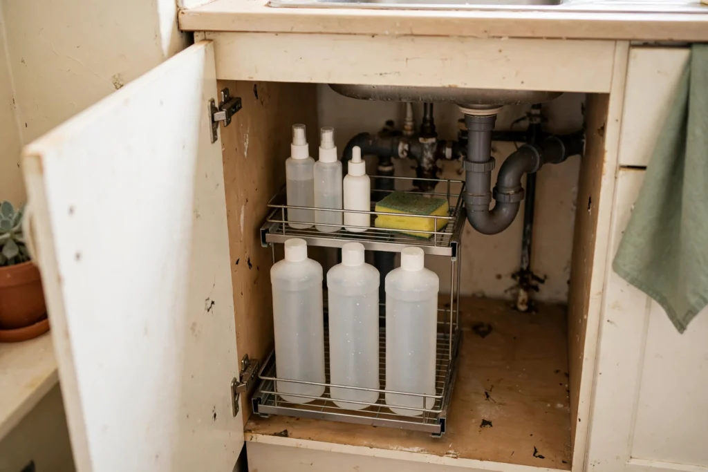 Two-tier sliding basket organiser under a rental kitchen sink, tall bottles below and smaller items above