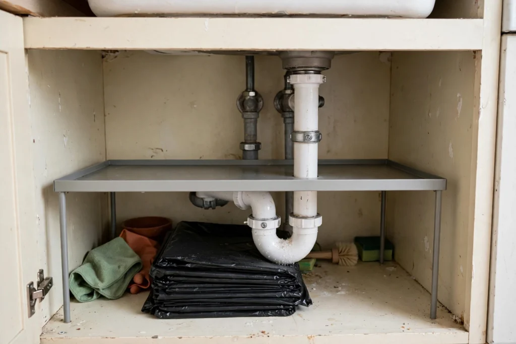 Adjustable frame shelf bridging the pipes inside an under-sink cabinet