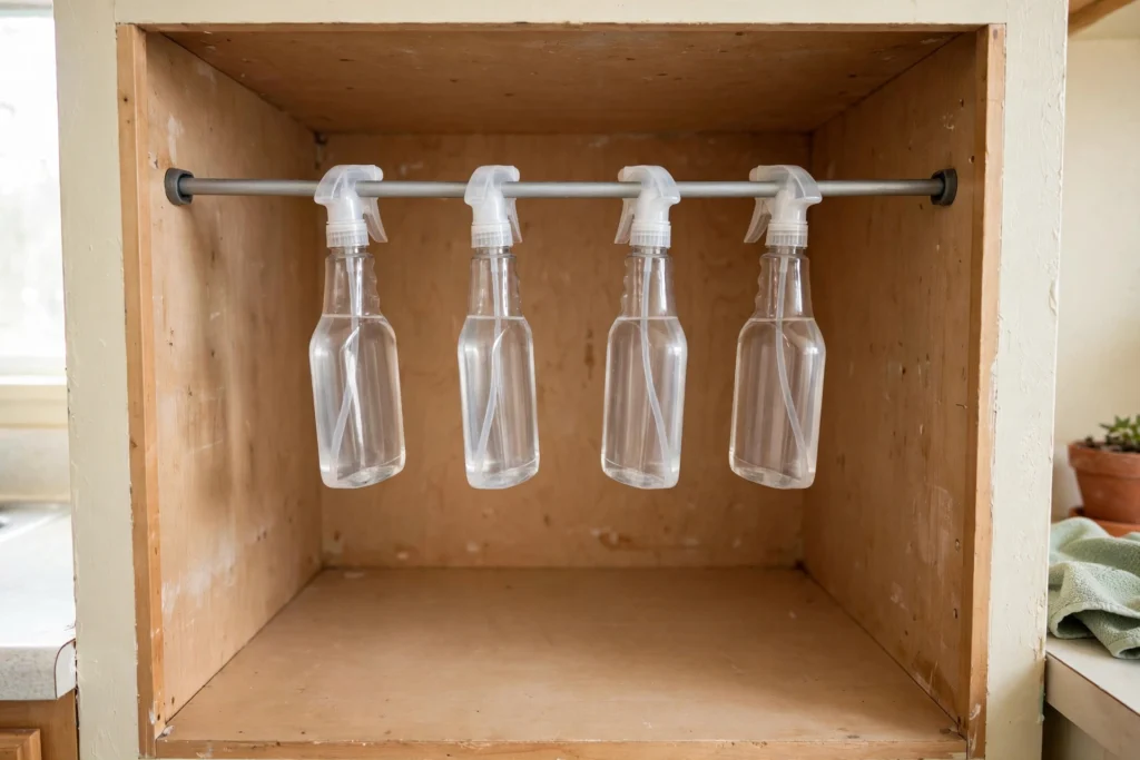 Spray bottles hanging by their trigger necks from a tension rod inside an under-sink cabinet