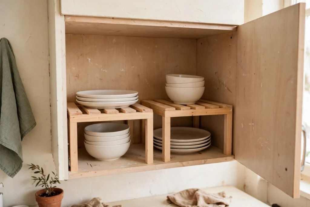 Shelf risers doubling the storage surface inside a kitchen cabinet