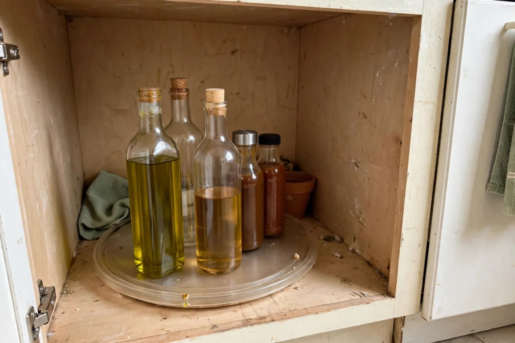 Turntable with oils and sauces inside a deep kitchen cabinet