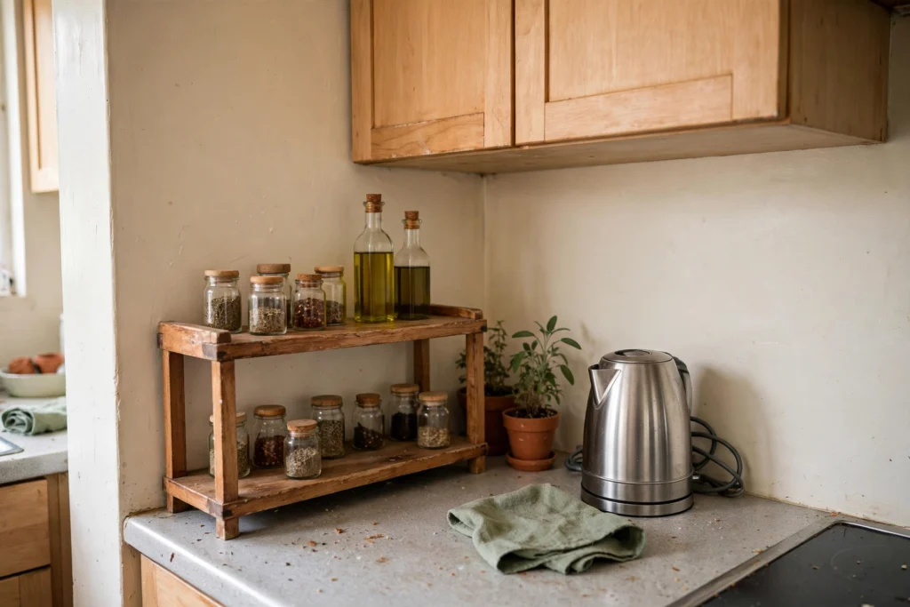 Freestanding two-tier counter shelf with spices and oils in a small kitchen corner