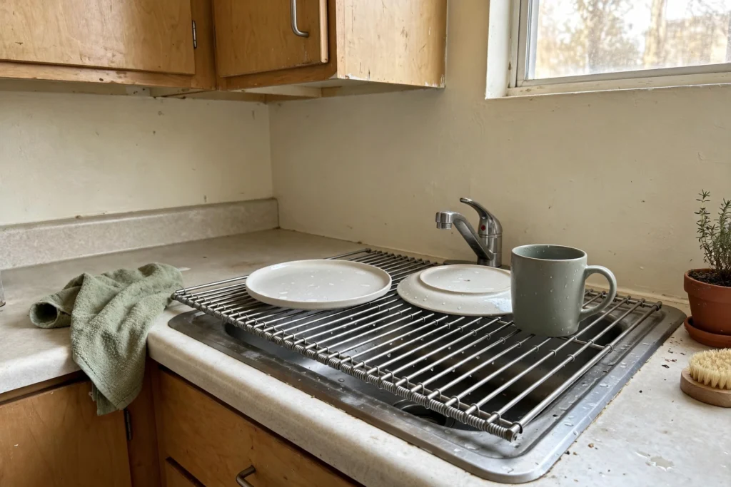 Roll-up drying rack over a small kitchen sink