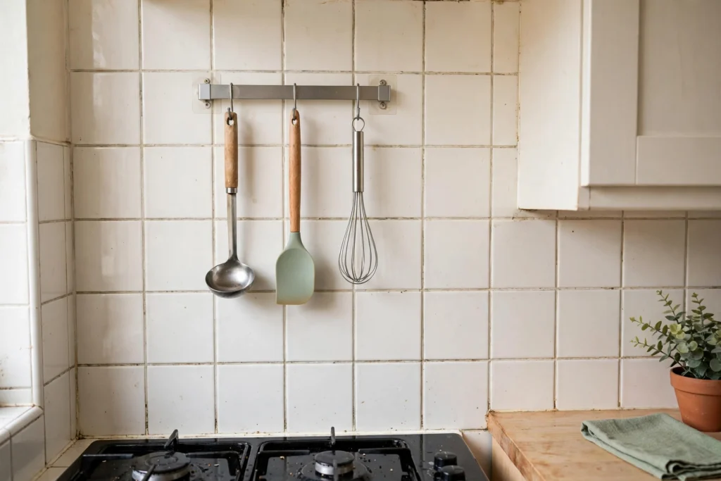 Removable adhesive hook rail with utensils on a tiled kitchen wall