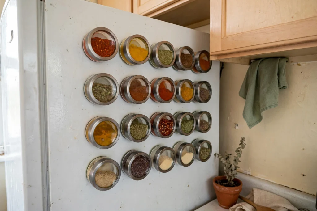 Magnetic spice jars on the side of a fridge in a small rental kitchen