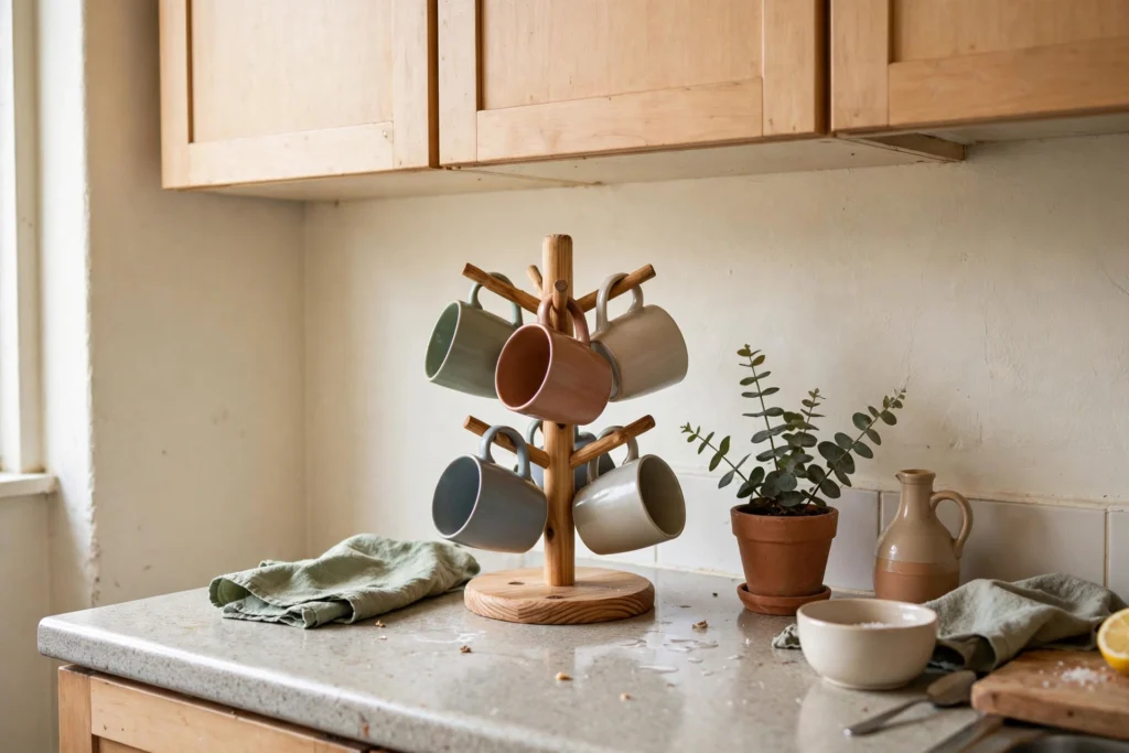 Mug tree holding six mugs on a small kitchen counter under wall cabinets