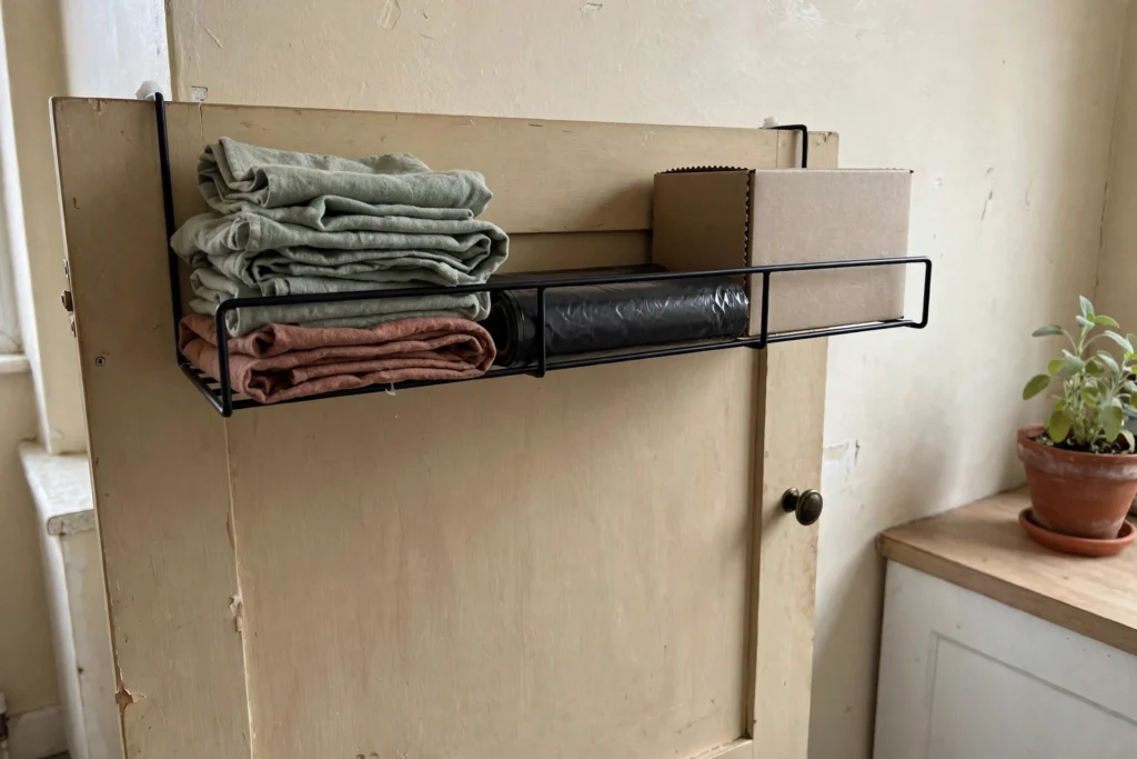Over-cabinet-door organiser holding cloths and bin bags