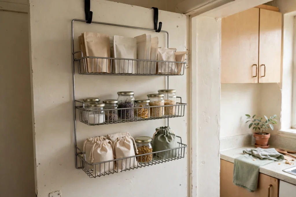 Over-door rack with shallow baskets on the back of a larder door