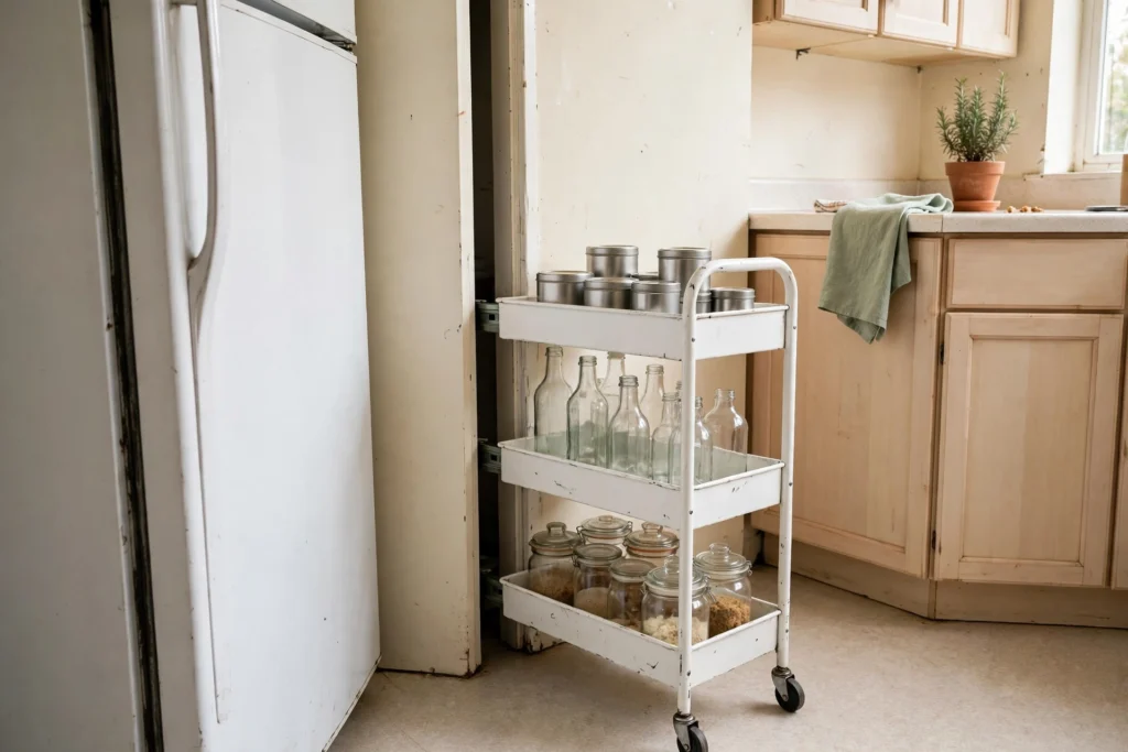 Slim rolling cart with tins and bottles in the narrow gap beside a fridge