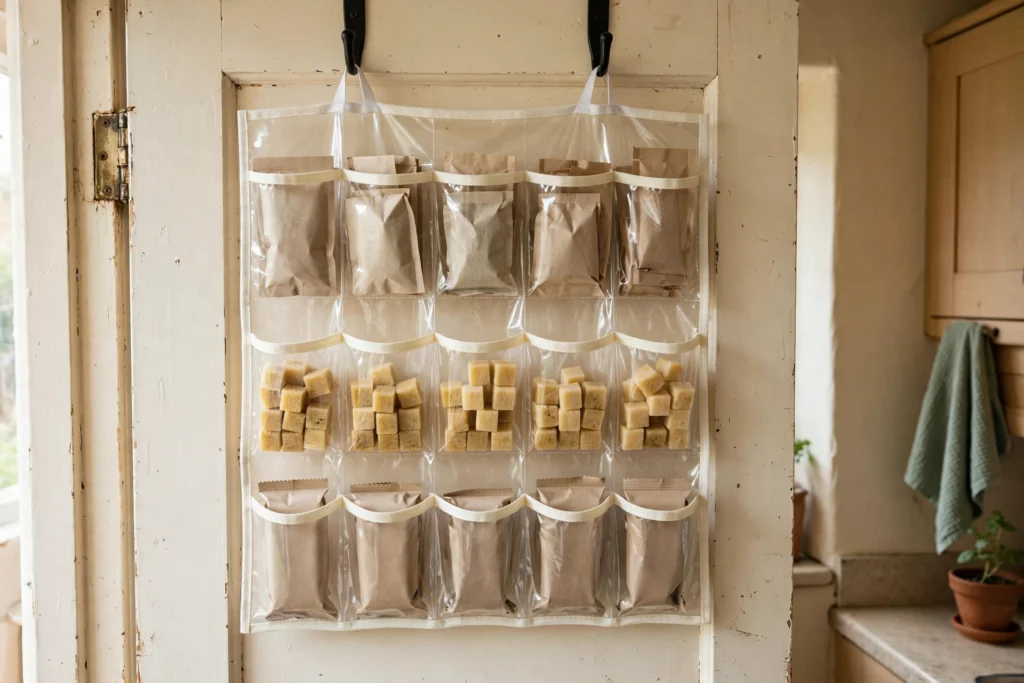 Clear over-door pocket organiser with sachets and packets inside a larder door