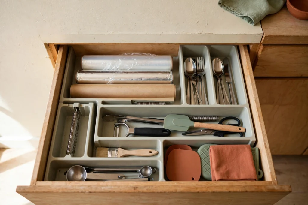Kitchen drawer with spring-loaded dividers separating utensils and tools
