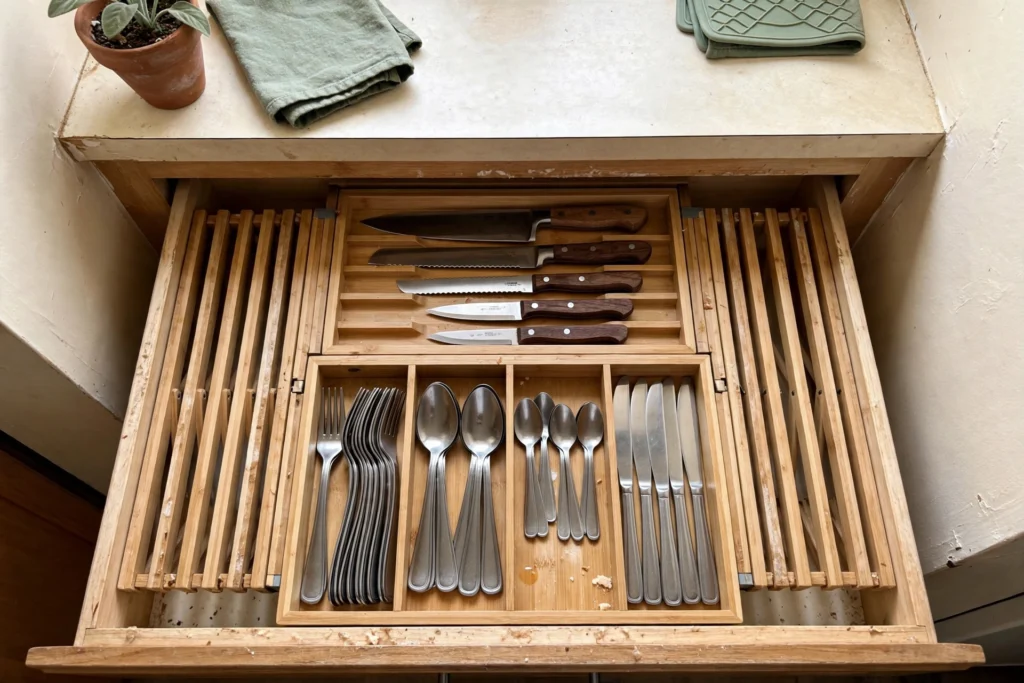Expandable in-drawer utensil and knife tray fitted in a kitchen drawer