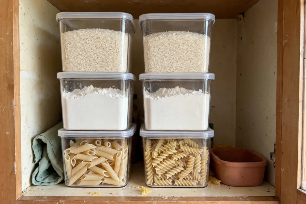 Stackable square containers of rice, flour and pasta on a kitchen shelf