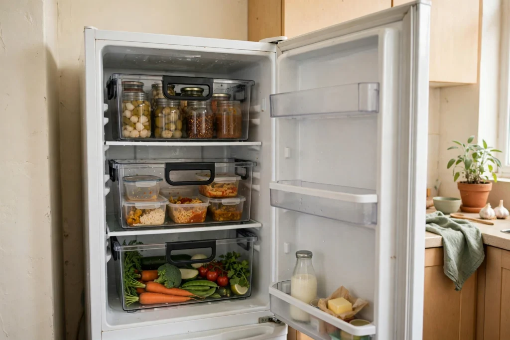 Clear stacking bins with handles zoning the shelves of a small fridge
