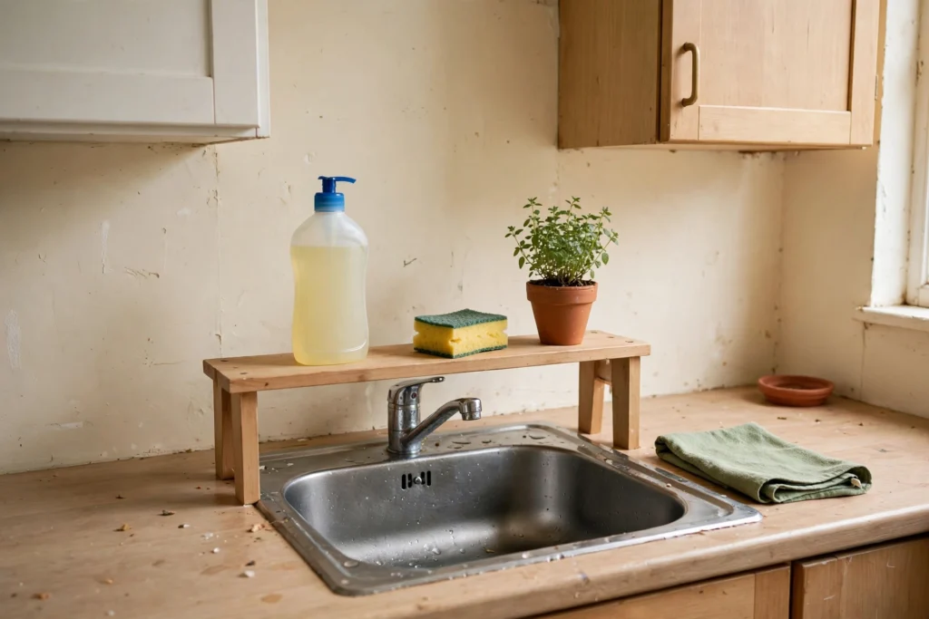 Freestanding over-sink shelf holding washing-up items above a kitchen sink
