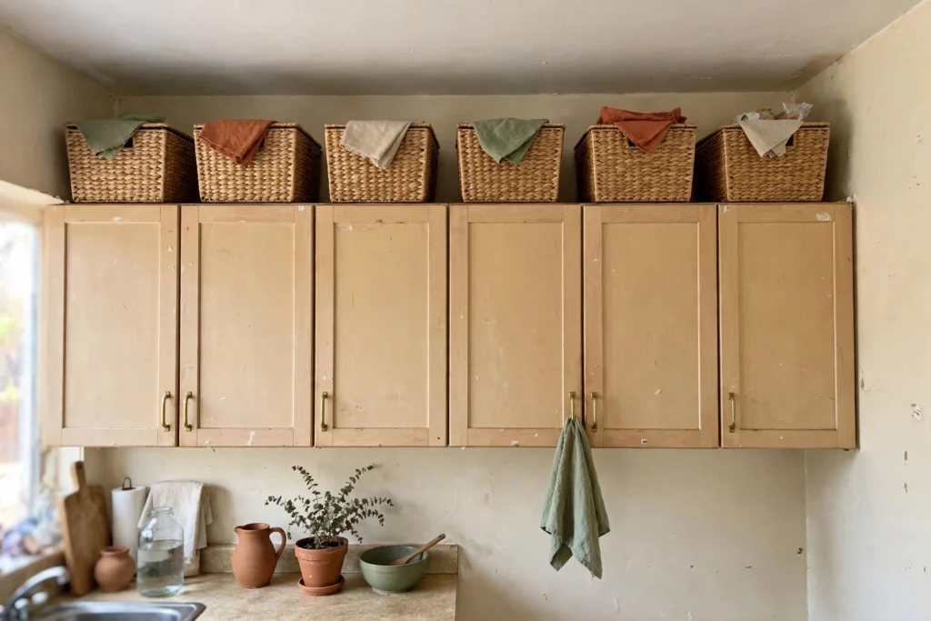 Matching baskets in the gap above wall cabinets storing rarely used items