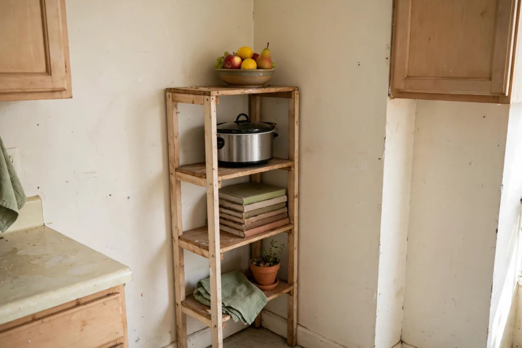 Narrow freestanding shelf unit in the corner of a small kitchen
