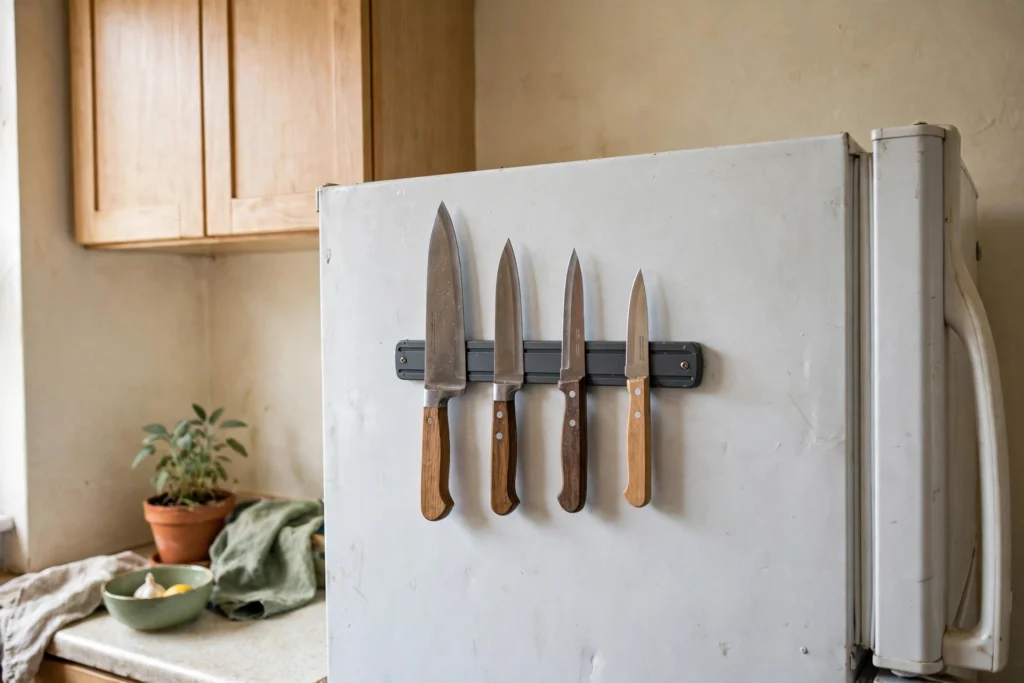 Magnetic knife strip on the side of a fridge in a rental kitchen