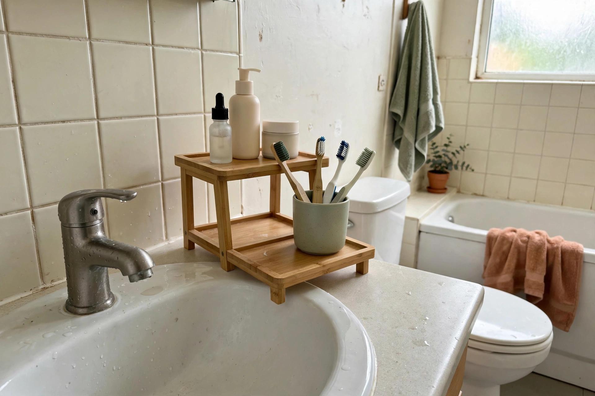Two-tier countertop stand with skincare bottles beside a bathroom tap