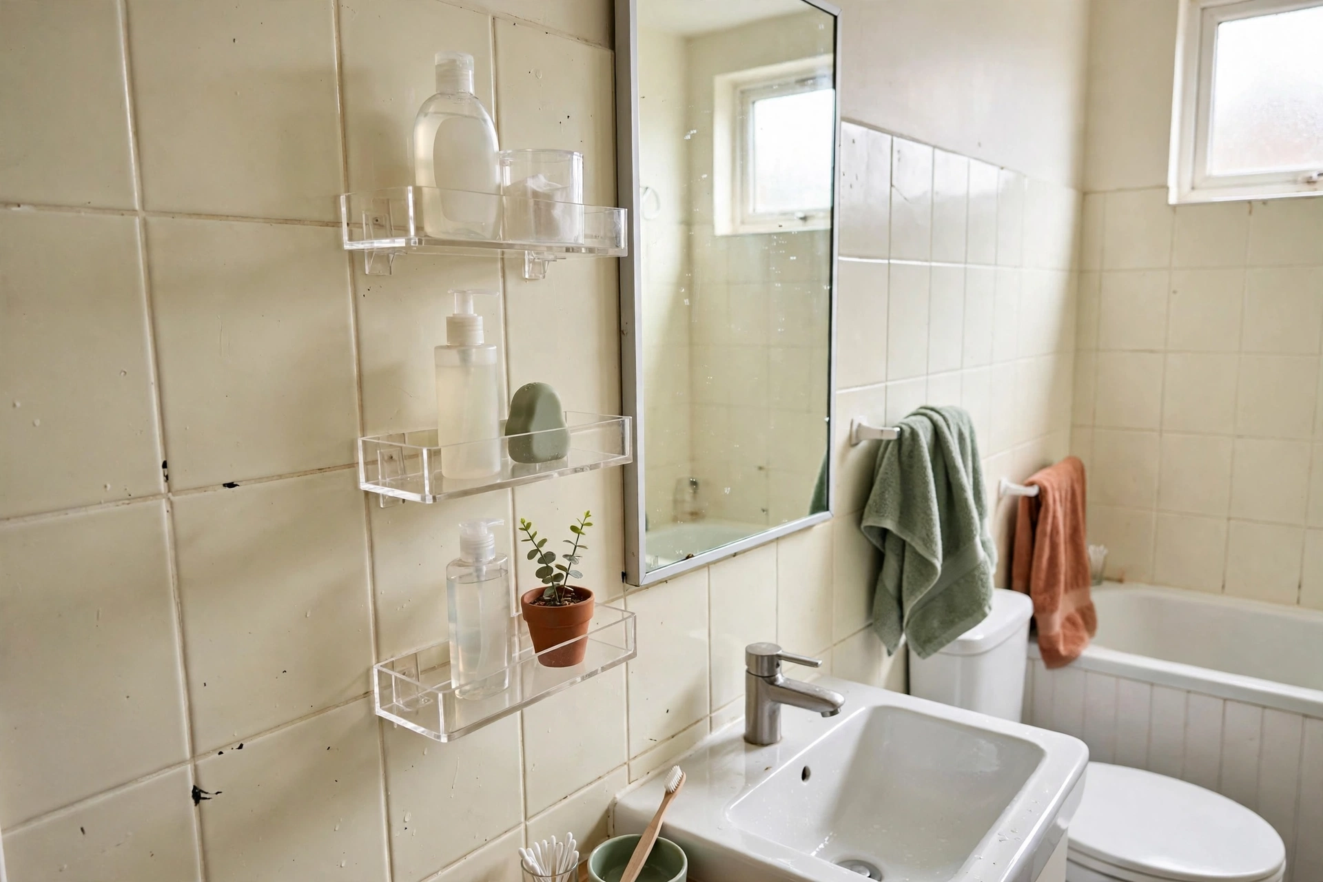 Clear adhesive acrylic shelves with bottles on bathroom tile beside a mirror
