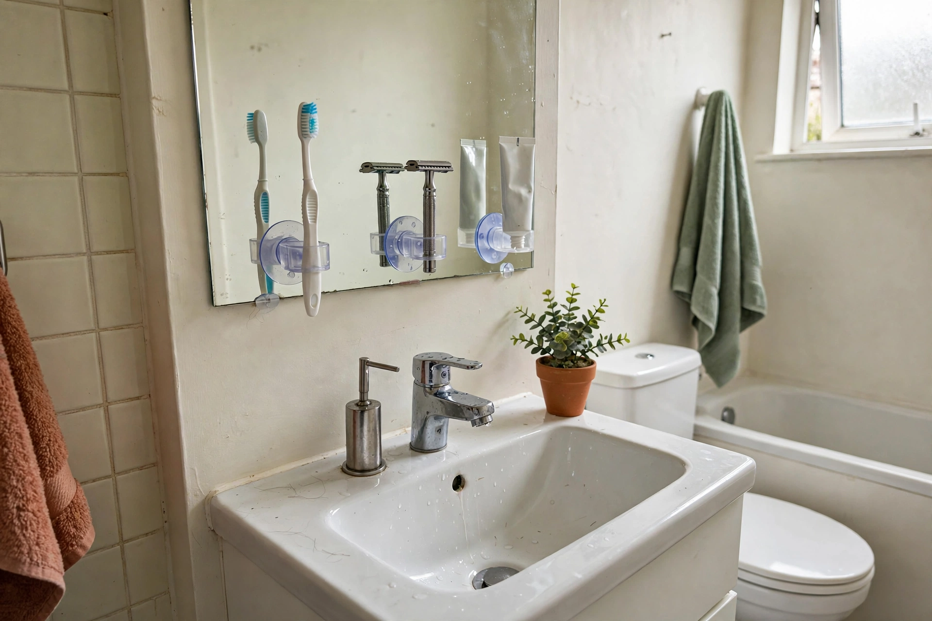 Suction holders with toothbrush and razor on a bathroom mirror