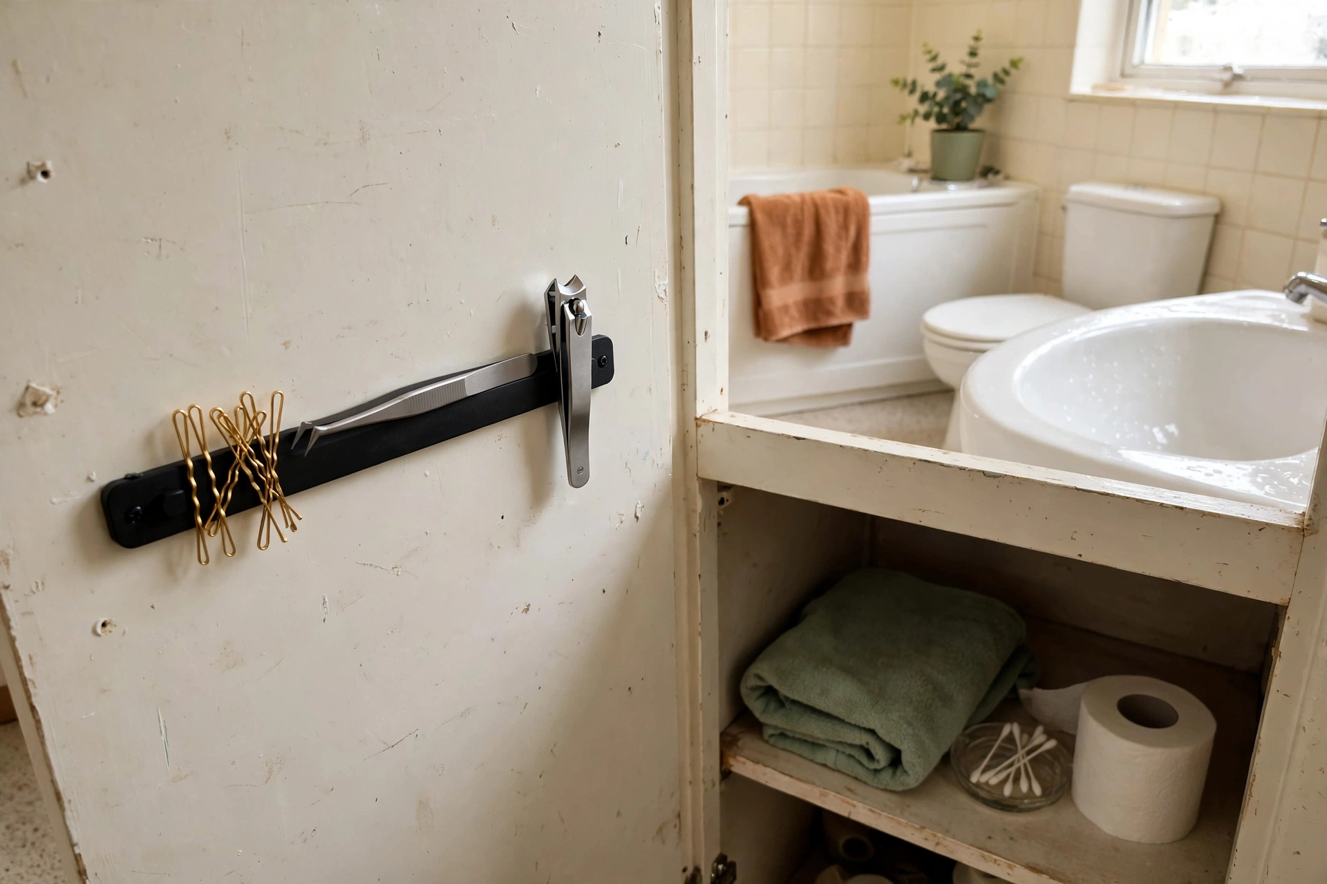 Magnetic strip inside a bathroom cabinet door holding pins and tweezers