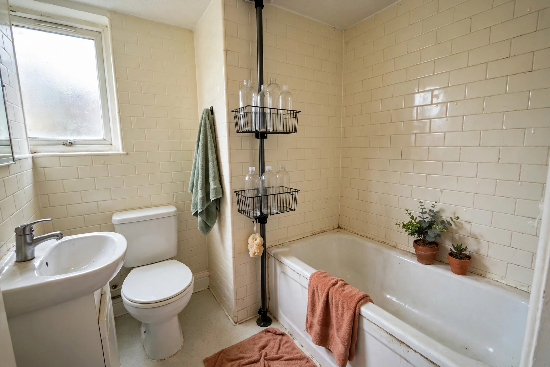 Tension pole shower caddy with baskets of bottles in a bath corner