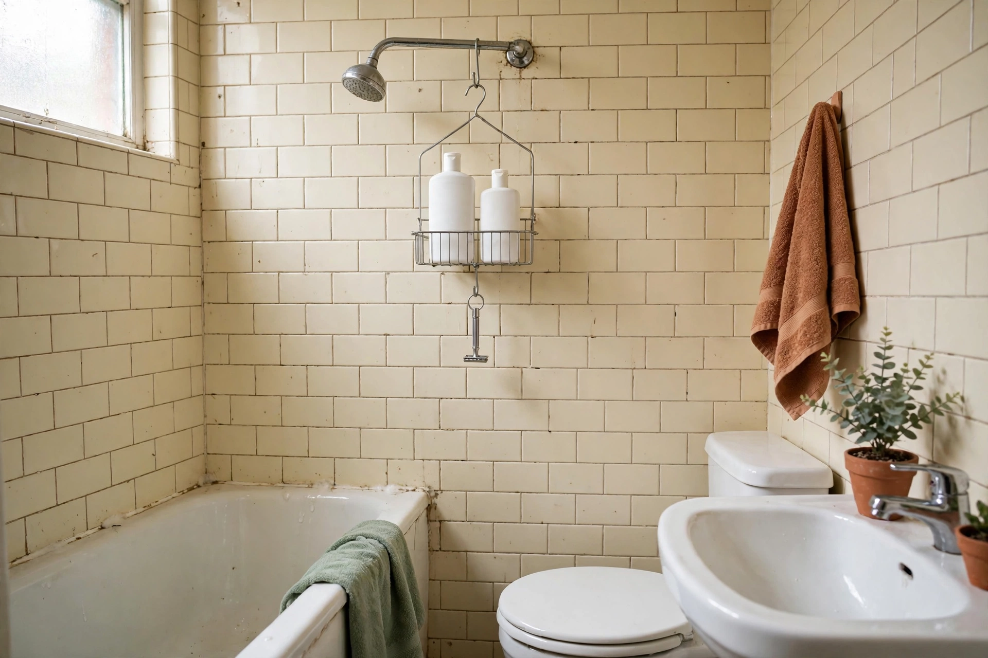 Hanging caddy with bottles on a shower head