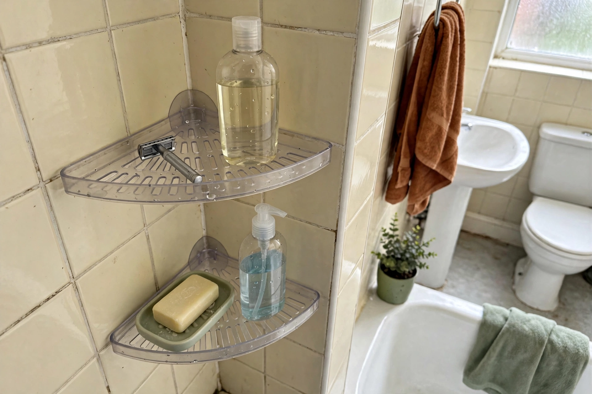 Adhesive corner shelves with razor and soap inside a shower