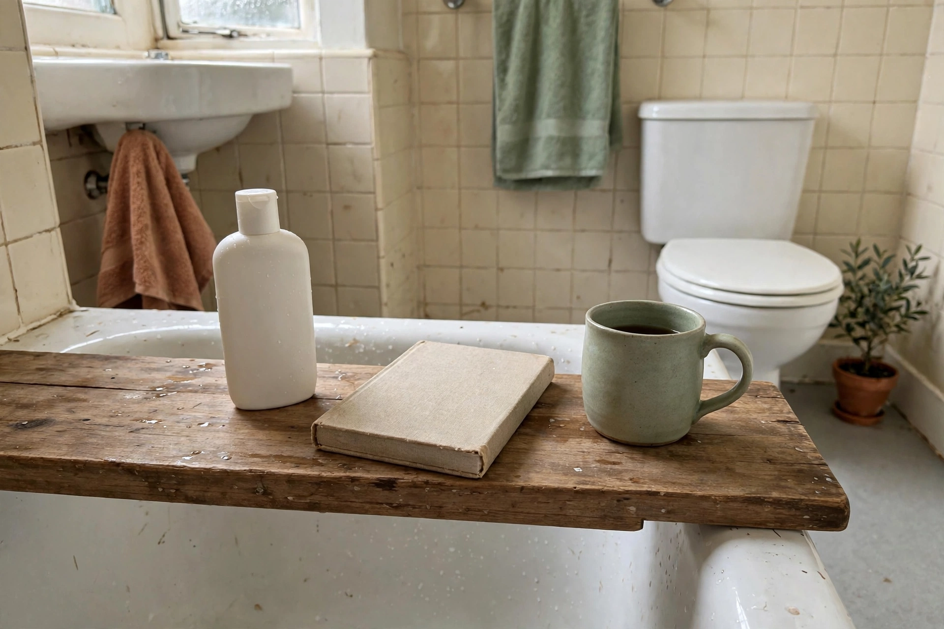 Wooden bath bridge tray with a bottle, book and mug across a bath