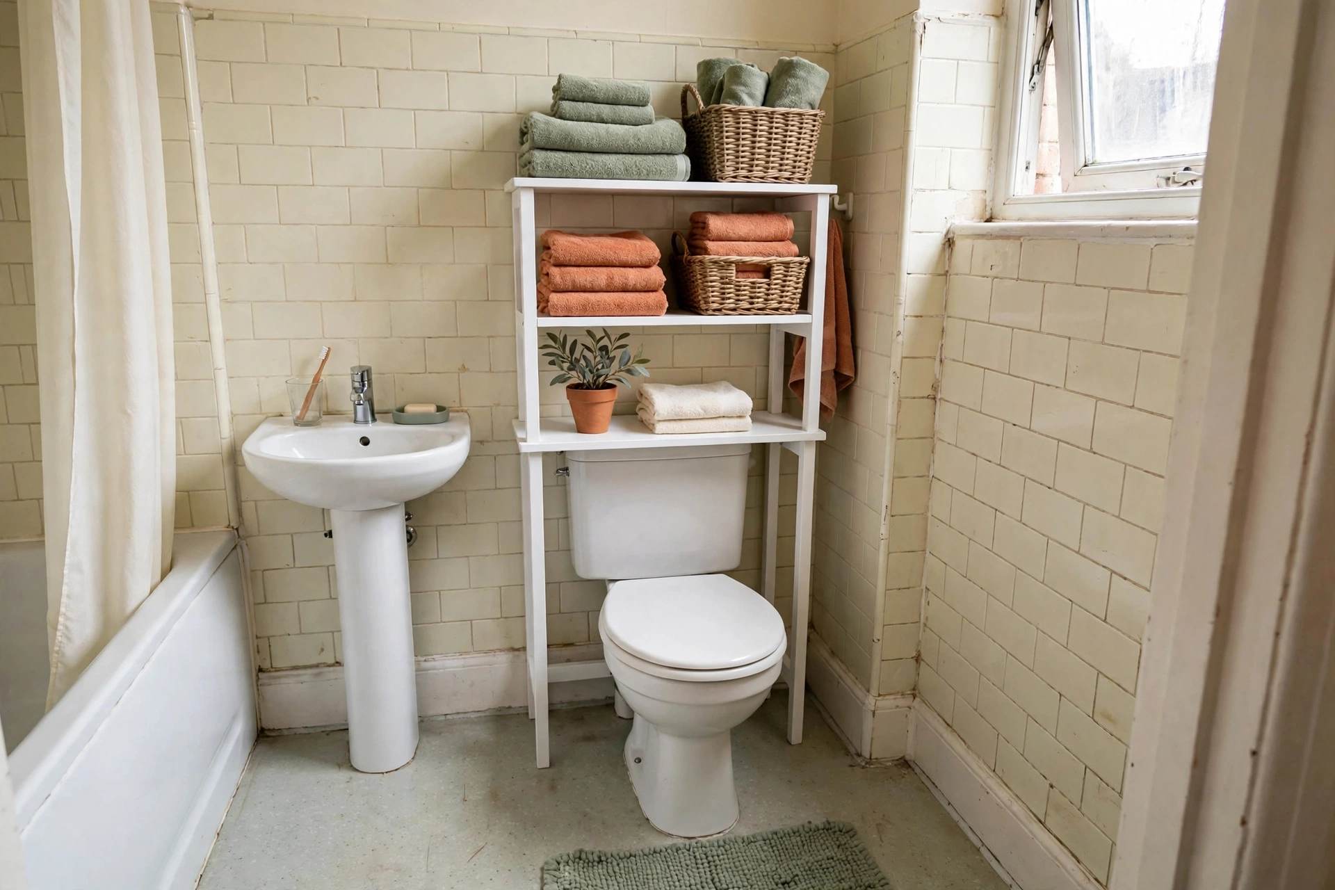 Freestanding over-toilet shelf unit with folded towels and baskets