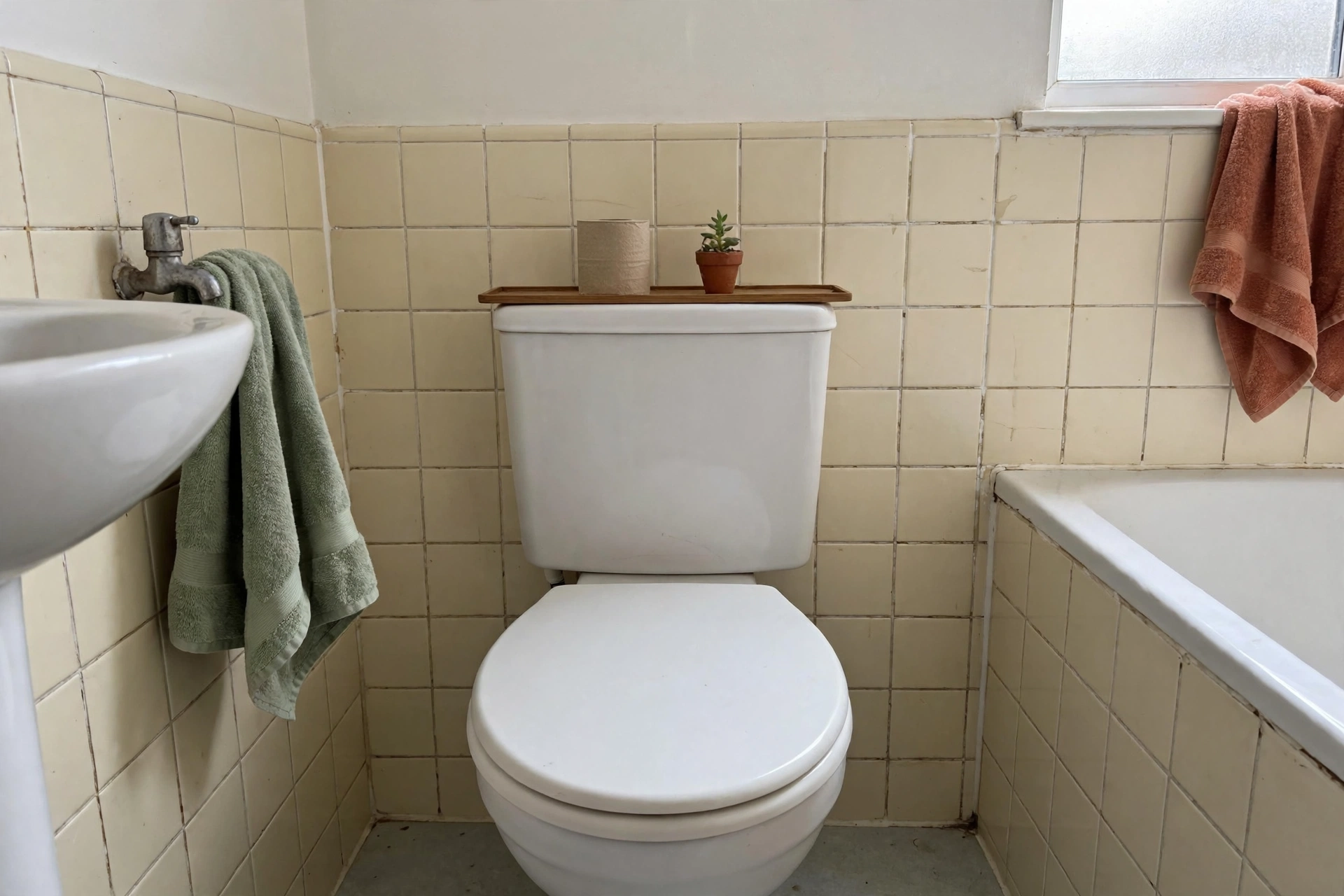 Slim tray with a spare toilet roll and small plant on a cistern
