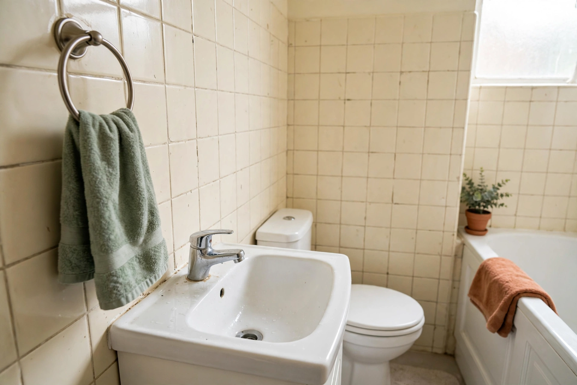 Towel ring with a hand towel beside a bathroom basin