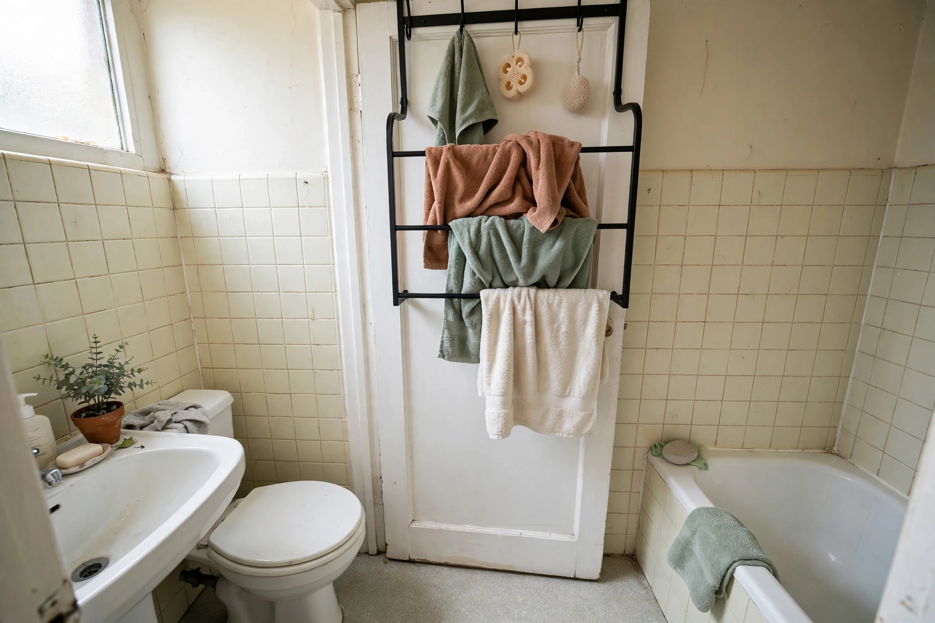 Over-door rack with bath towels on a bathroom door