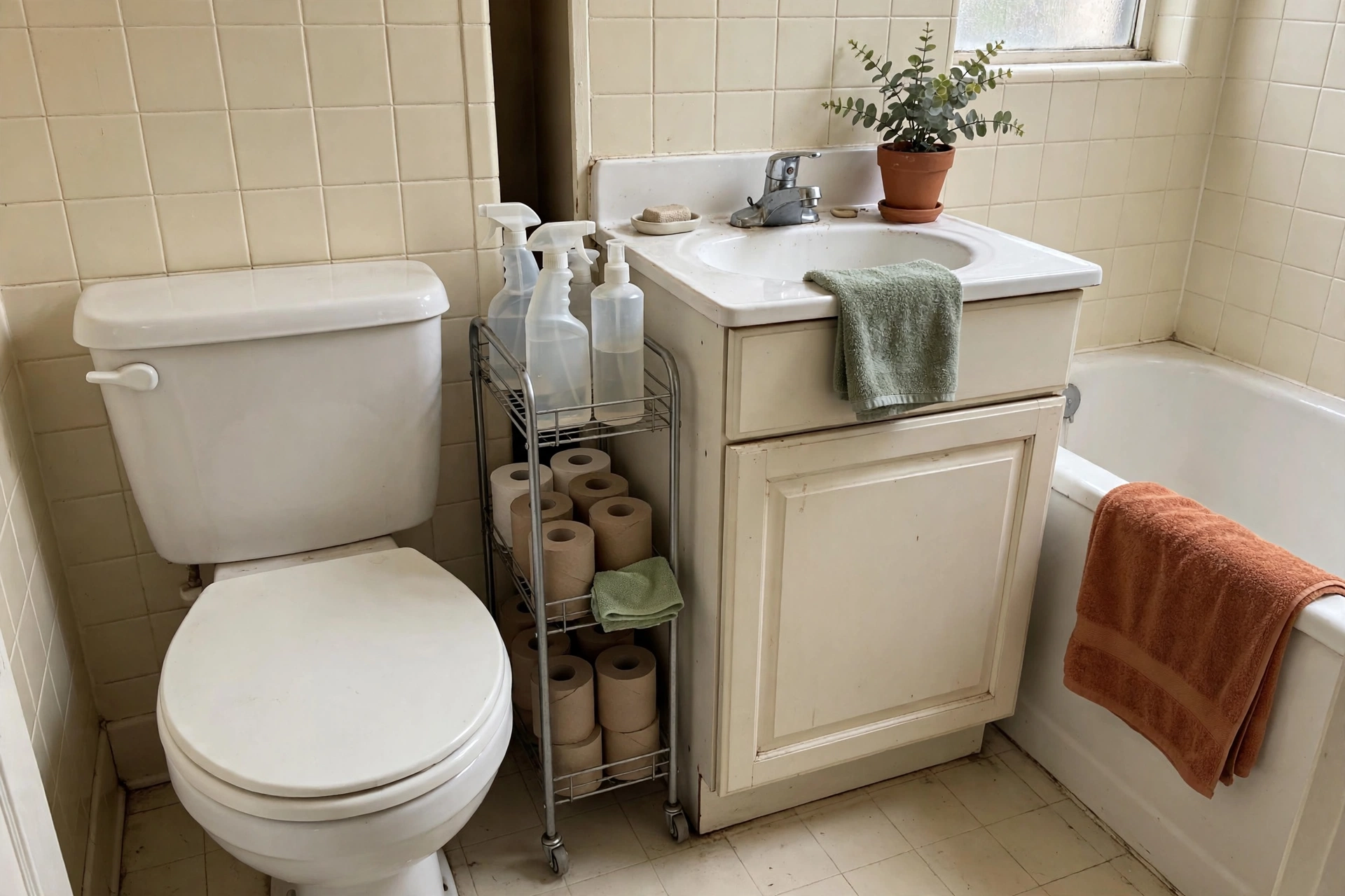 Slim rolling cart with cleaning bottles and spare rolls beside a toilet