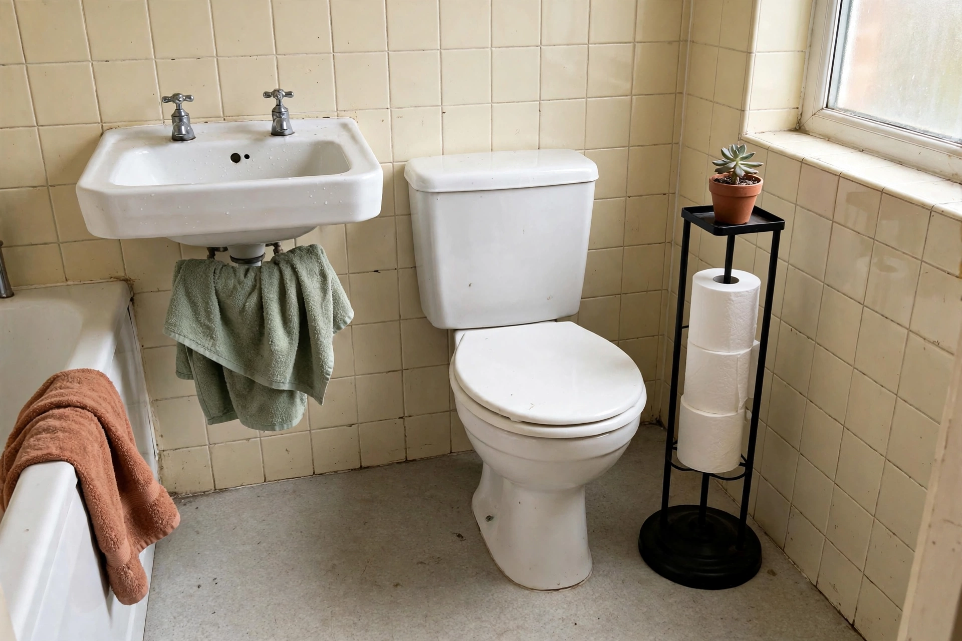 Freestanding toilet roll stand with rolls beside a toilet