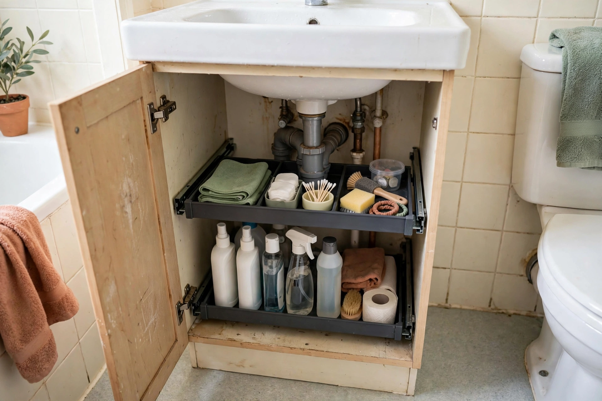 Two-tier organiser around the pipes inside a bathroom vanity cabinet