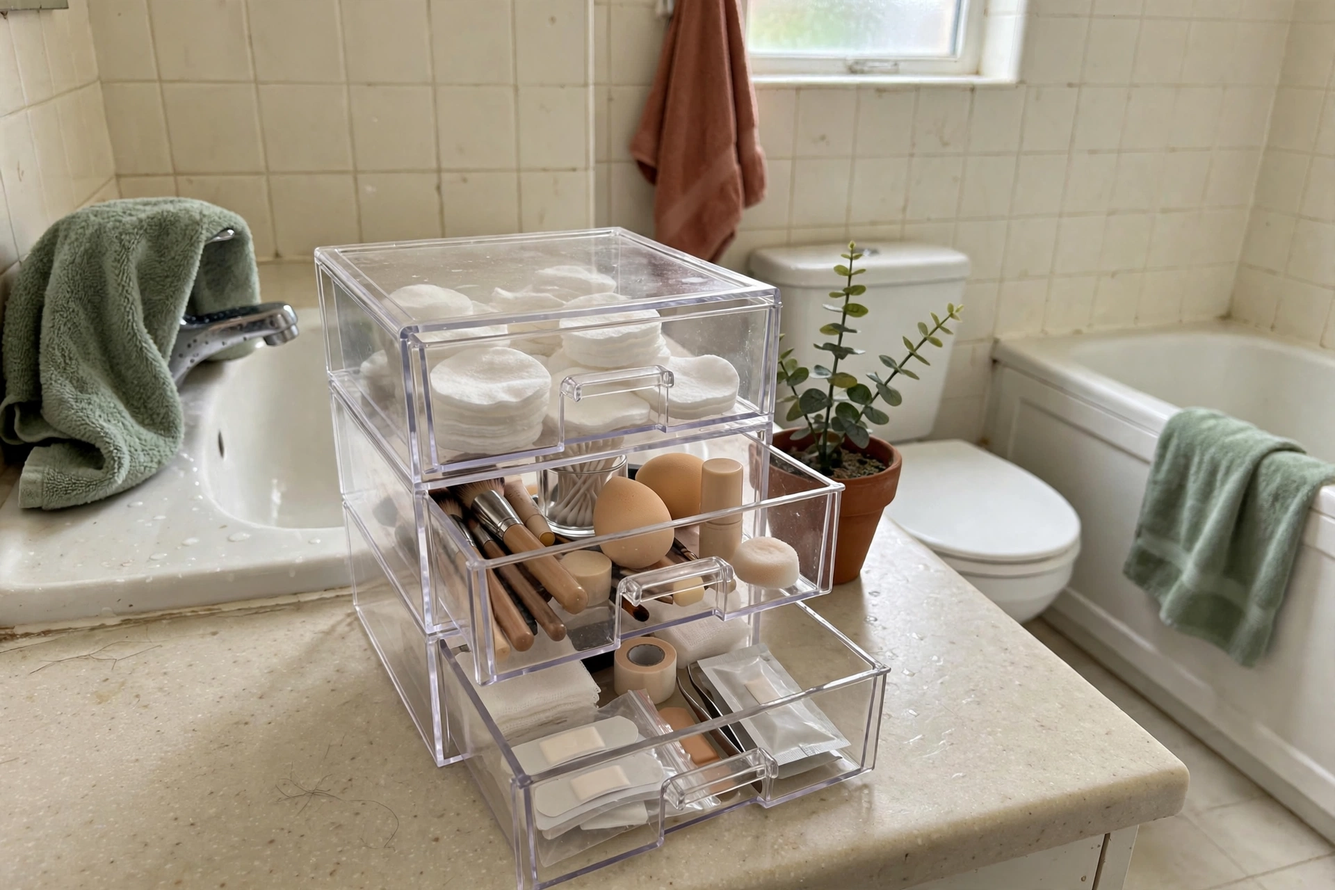 Clear stackable drawers with makeup and supplies on a bathroom counter