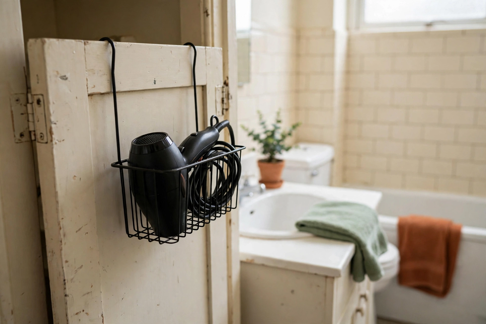 Basket with a hair dryer hooked inside a vanity cabinet door
