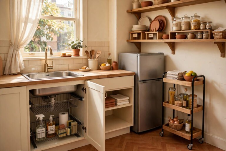 Small rental kitchen organised with renter-friendly storage — under-sink baskets, cabinet shelf risers and a slim rolling cart, no drills or nails