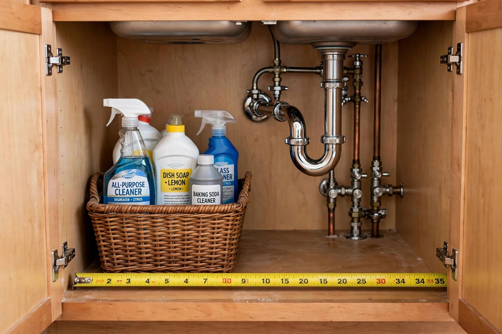 Measuring the usable width and height beside under-sink pipes before buying an organiser